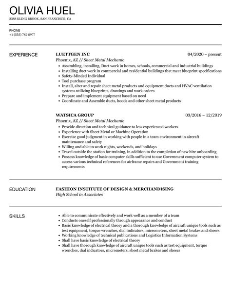 Sheet Metal Mechanic Resume Samples 